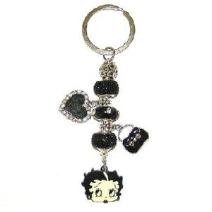 Betty Boop Key Chain, Key Ring With Black Sparkle European Charms, Mini Purse